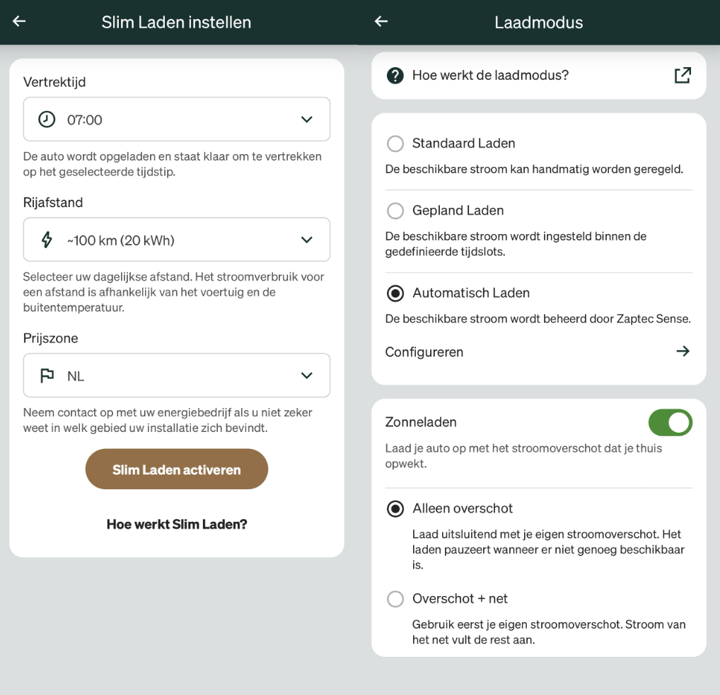 Een screenshot van de Zaptec laadpaal app met twee schermen. Links staan de instellingen voor slim laden, zoals de vertrektijd (07:00) en de benodigde rijafstand. Rechts staat het menu voor de laadmodus, waarbij 'Automatisch Laden' en 'Zonneladen met alleen stroomoverschot' zijn geselecteerd.